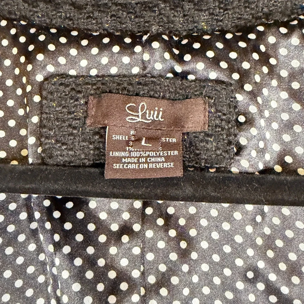 Luii Tweed Wool Blend Coat Large Women Black Gold Metallic Fringed Trim